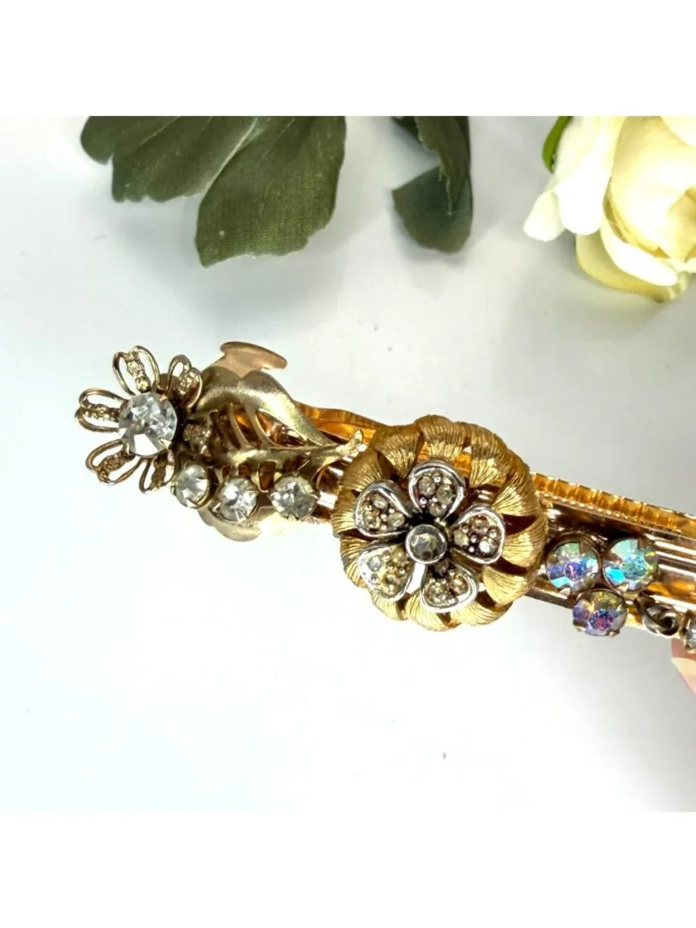 Gold Rhinestone Flower Barrette | Handmade Vintage Jewelry Hair Clip | One of a